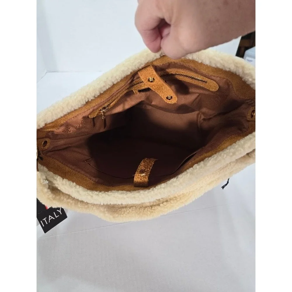 NWT Claudia Firenze Genuine Leather Bucket Bag Sherpa Trim Quilted Made in Italy